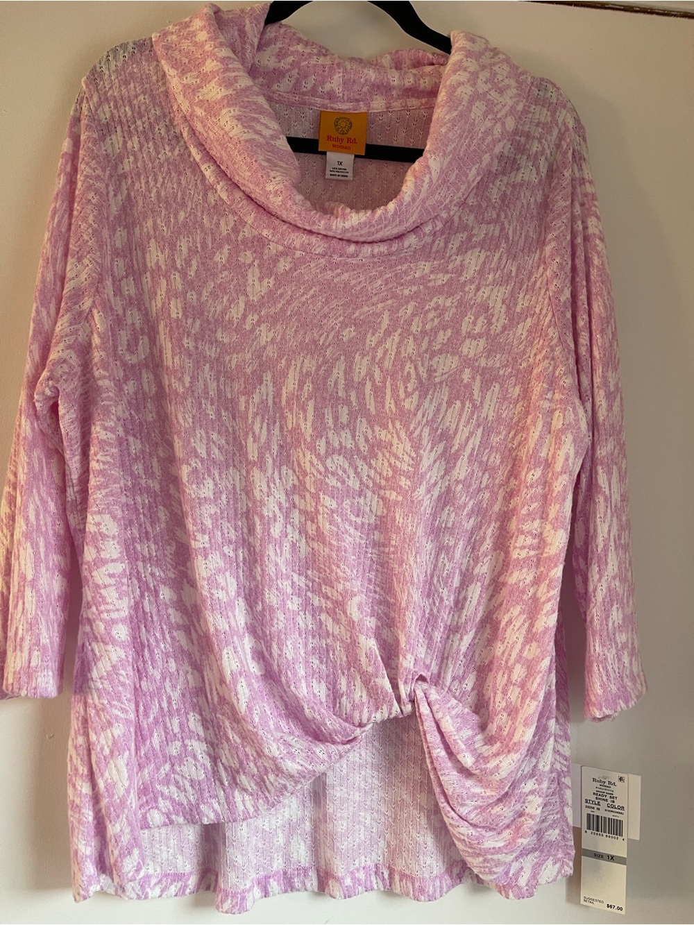 Ruby Rd. Pink & White Twist-Hem Cowl Neck Sweater